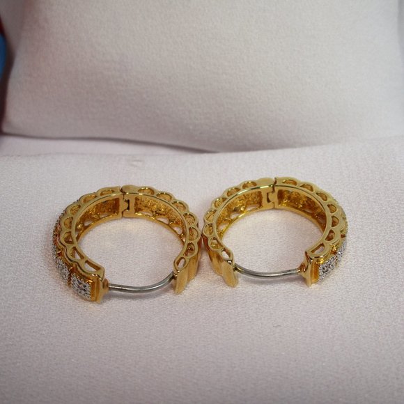 Rose Gold and Silver Tone/CZ Hinge Hoop Earrings - Picture 5 of 11